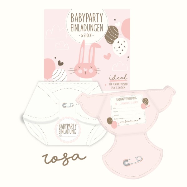 Babyparty Einladungen zum Beschriften rosa (5 Stück)
