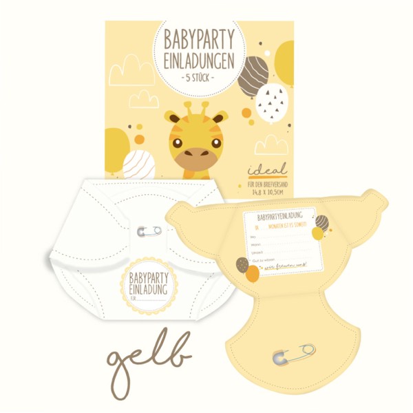 Babyparty Einladungen zum Beschriften gelb (5 Stück)