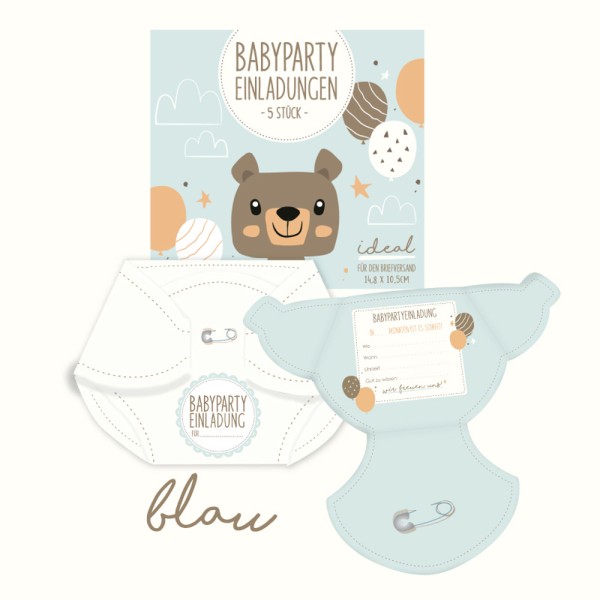 Babyparty Einladungen zum Beschriften blau (5 Stück)